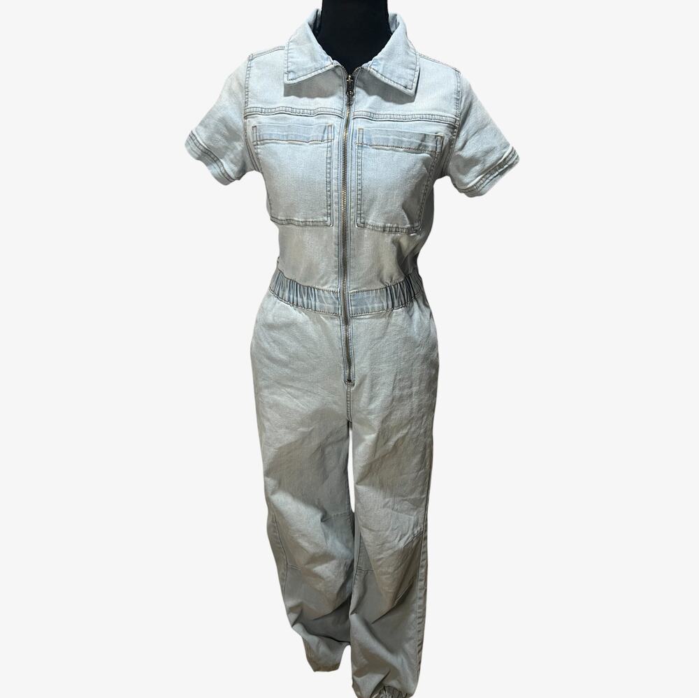 Celebrity Pink Light Wash Denim Jumpsuit Utility Boiler Suit Jogger XS